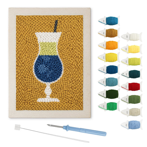 Blue Cocktail Hour punch needle kit: finished canvas with threads, punch needle and threader