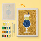 Blue Cocktail Hour canvas before and after punching, with the threads and tools