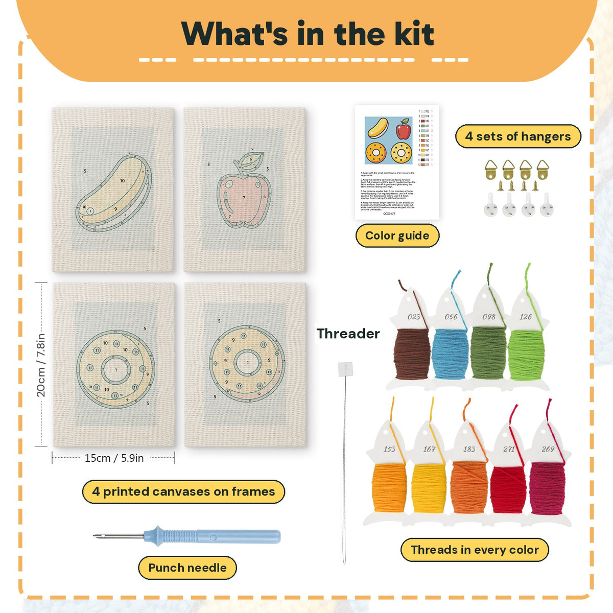 What is in the Blue Donut Duo set: 4 printed canvases, punch needle, threader, threads, color guide and 4 sets of hangers (6 × 8 in (15 × 20 cm) each)