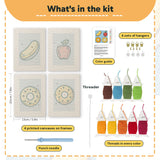 What is in the Blue Donut Duo set: 4 printed canvases, punch needle, threader, threads, color guide and 4 sets of hangers (6 × 8 in (15 × 20 cm) each)