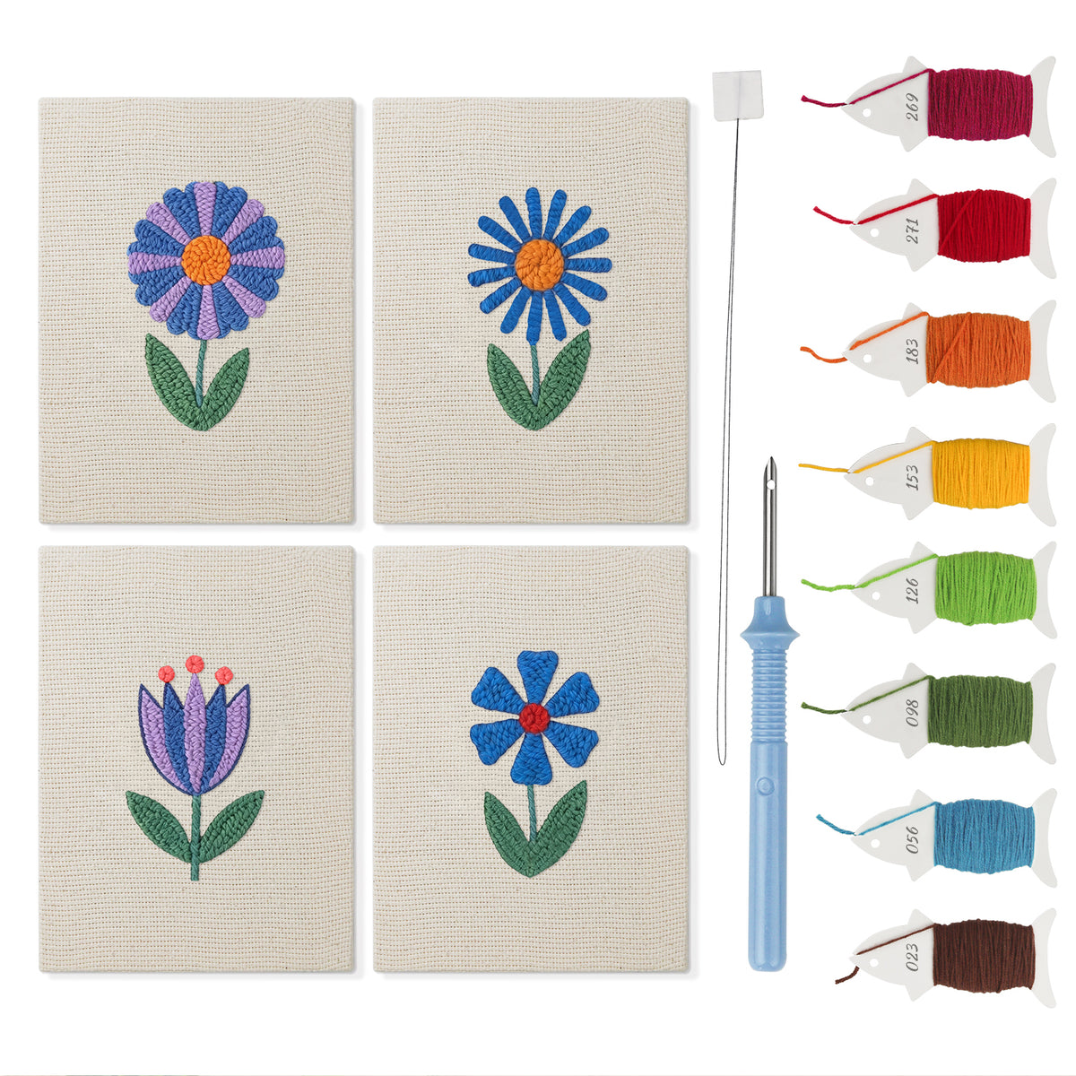 Blue Garden Blooms mini punch needle kit set: four finished canvases with threads, punch needle and threader