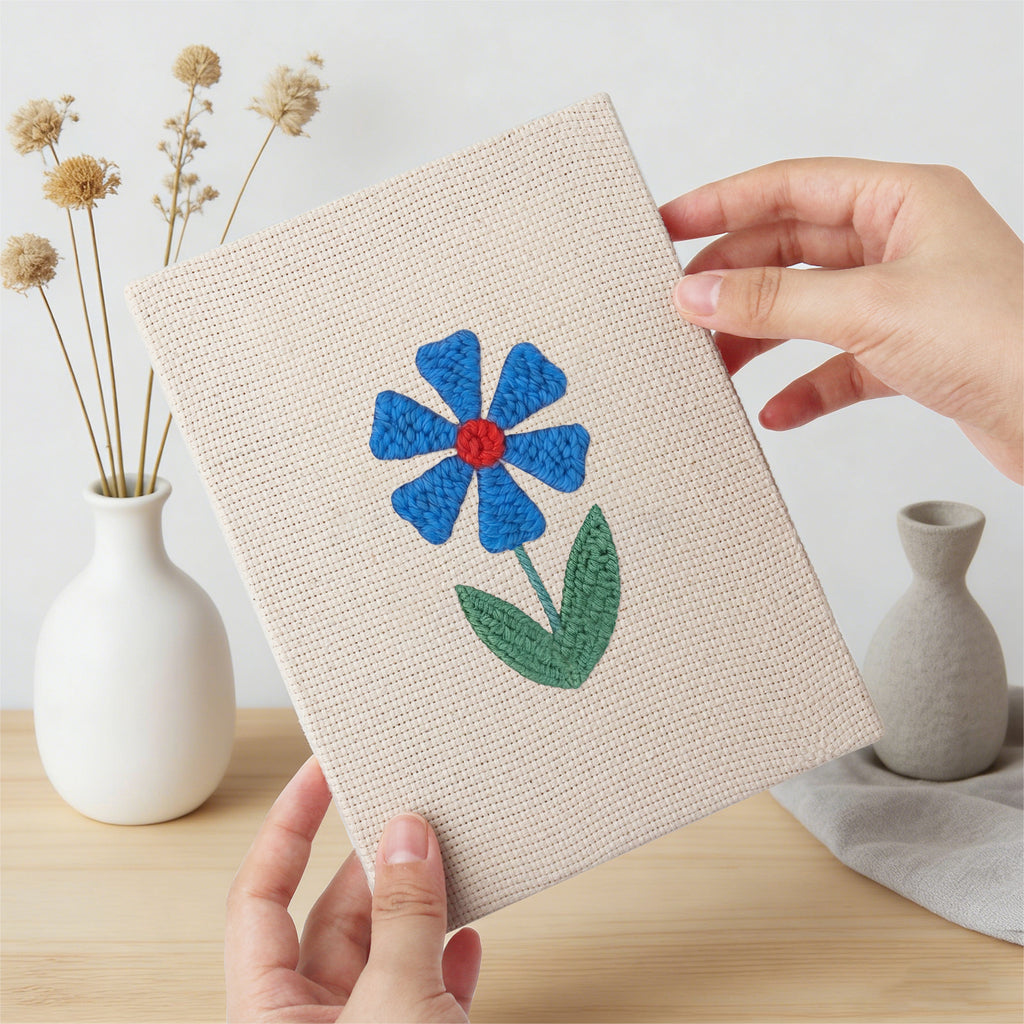 Hand holding a finished Blue Garden Blooms mini canvas