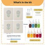 What is in the Blue Garden Blooms set: 4 printed canvases, punch needle, threader, threads, color guide and 4 sets of hangers (6 × 8 in (15 × 20 cm) each)