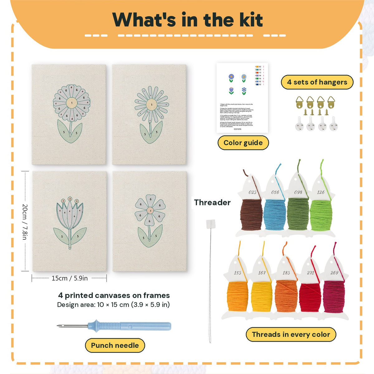 What is in the Blue Garden Blooms set: 4 printed canvases, punch needle, threader, threads, color guide and 4 sets of hangers (6 × 8 in (15 × 20 cm) each)