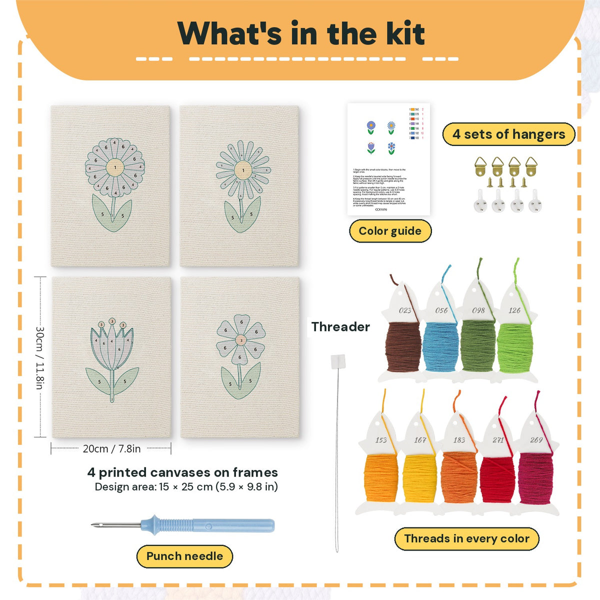 What is in the Blue Garden Blooms set, 8 × 12 in (20 × 30 cm) each: 4 printed canvases, punch needle, threader, threads, color guide and 4 sets of hangers