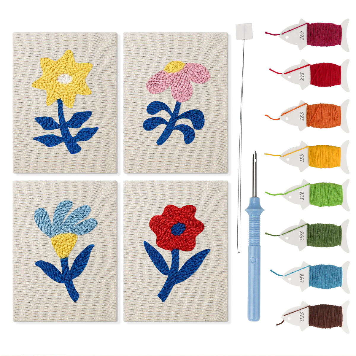 Blue Leaf Flowers mini punch needle kit set: four finished canvases with threads, punch needle and threader
