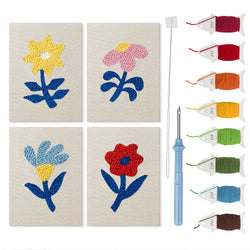 Blue Leaf Flowers mini punch needle kit set: four finished canvases with threads, punch needle and threader