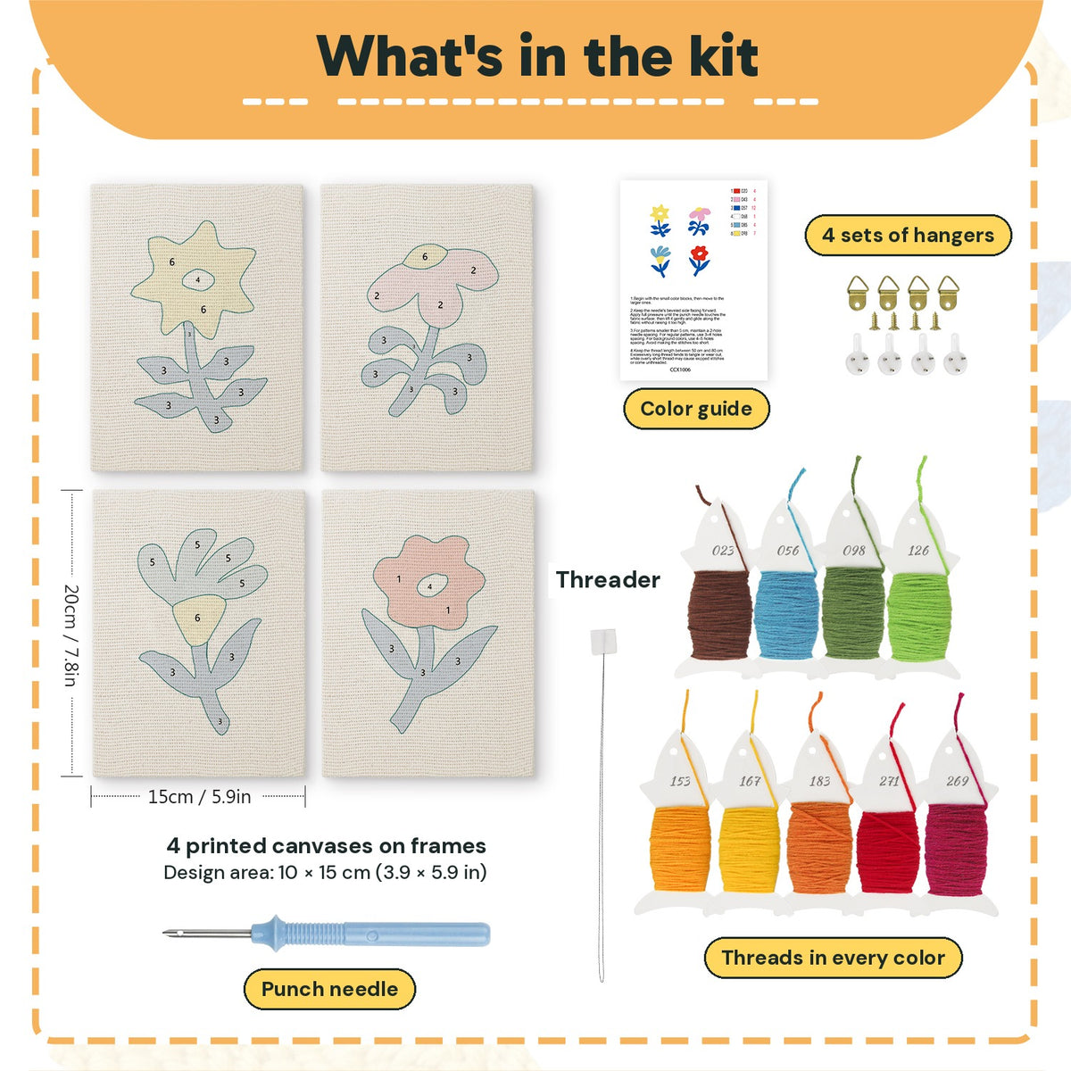 What is in the Blue Leaf Flowers set: 4 printed canvases, punch needle, threader, threads, color guide and 4 sets of hangers (6 × 8 in (15 × 20 cm) each)