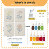 What is in the Blue Leaf Flowers set: 4 printed canvases, punch needle, threader, threads, color guide and 4 sets of hangers (6 × 8 in (15 × 20 cm) each)