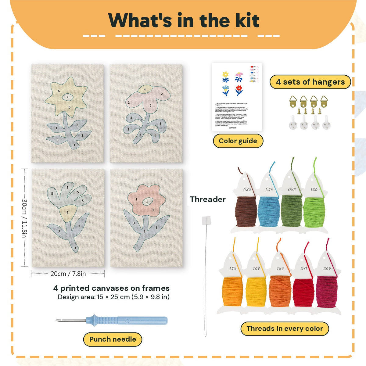 What is in the Blue Leaf Flowers set, 8 × 12 in (20 × 30 cm) each: 4 printed canvases, punch needle, threader, threads, color guide and 4 sets of hangers