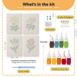 What is in the Blue Leaf Flowers set, 8 × 12 in (20 × 30 cm) each: 4 printed canvases, punch needle, threader, threads, color guide and 4 sets of hangers