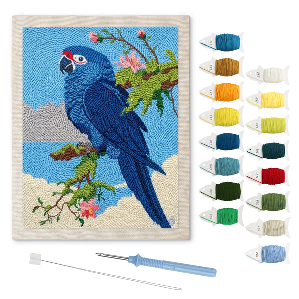 Blue Macaw punch needle kit: finished canvas with threads, punch needle and threader