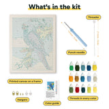 What is in the Blue Macaw kit: printed canvas, punch needle, threader, threads, color guide and hangers