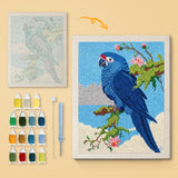 Blue Macaw canvas before and after punching, with the threads and tools