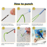 Six steps showing how to thread and use the punch needle