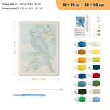 Blue Macaw punch needle kit, 12 × 16 in (30 × 40 cm): canvas size and kit contents