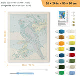 Blue Macaw punch needle kit, 20 × 24 in (50 × 60 cm): canvas size and kit contents