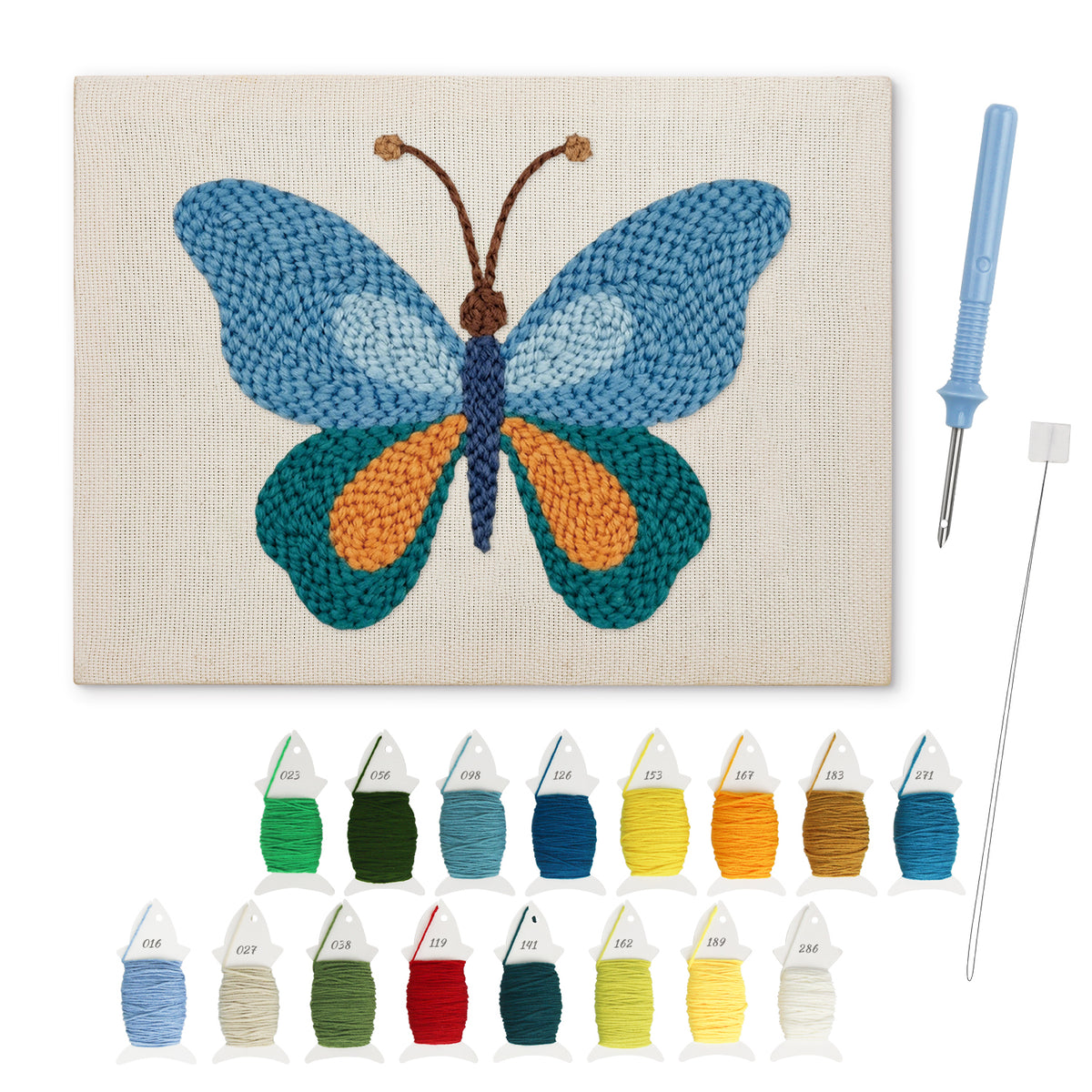 Blue Morning Butterfly punch needle kit: finished canvas with threads, punch needle and threader