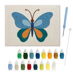Blue Morning Butterfly punch needle kit: finished canvas with threads, punch needle and threader