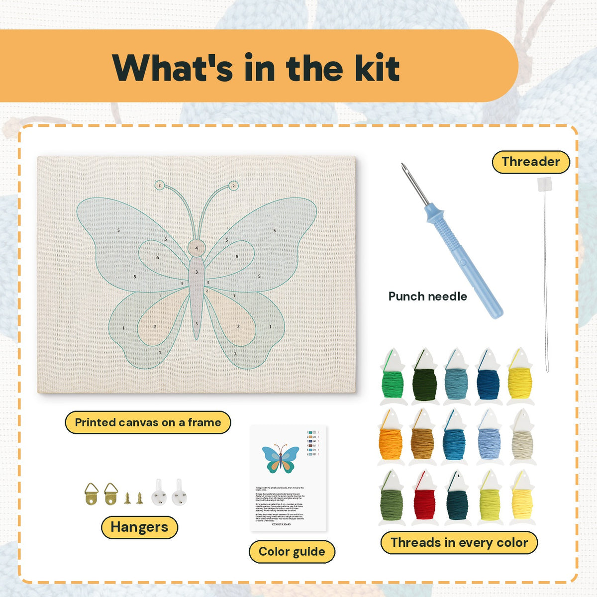 What is in the Blue Morning Butterfly kit: printed canvas, punch needle, threader, threads, color guide and hangers