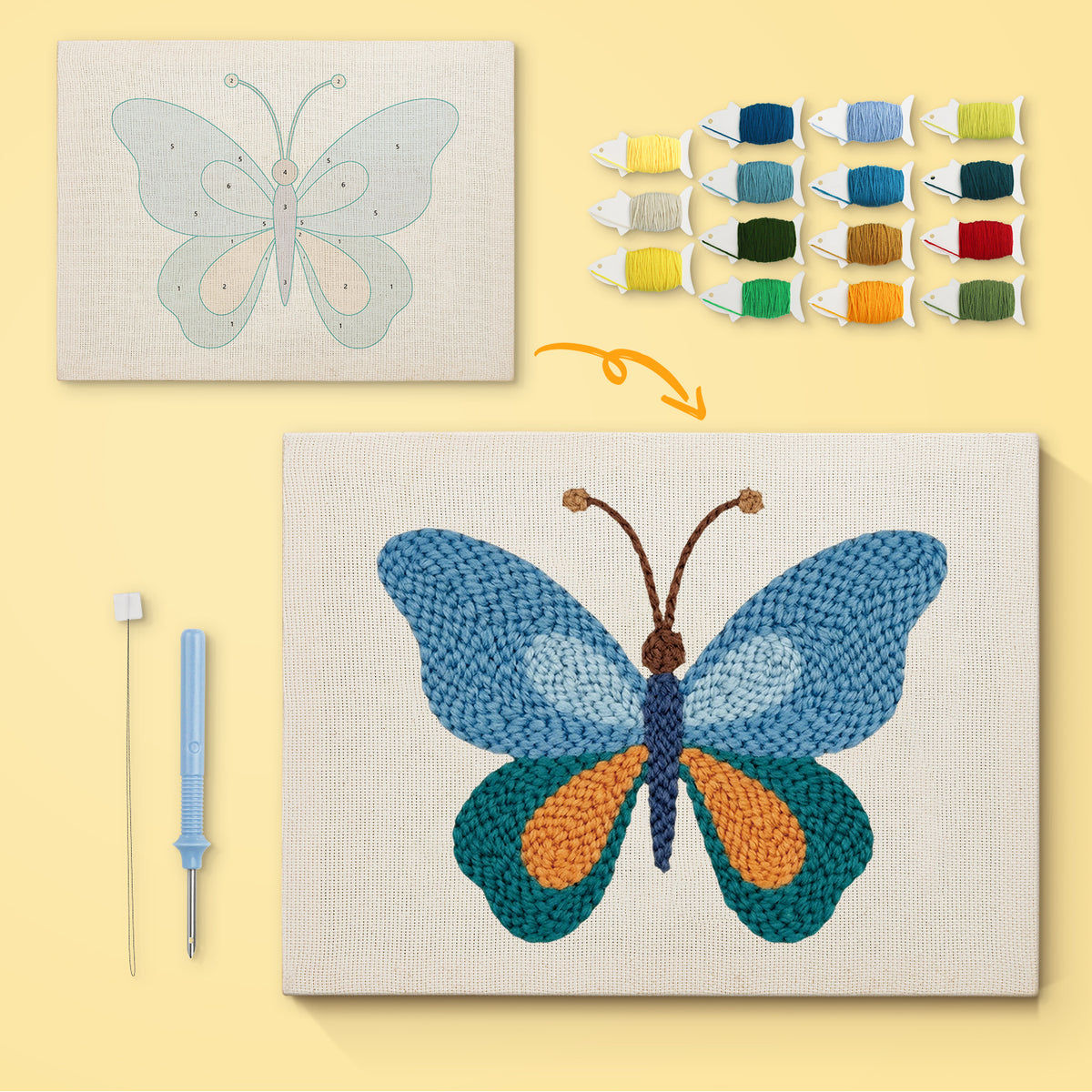 Blue Morning Butterfly canvas before and after punching, with the threads and tools