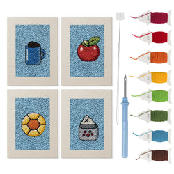 Blue Mug Morning mini punch needle kit set: four finished canvases with threads, punch needle and threader