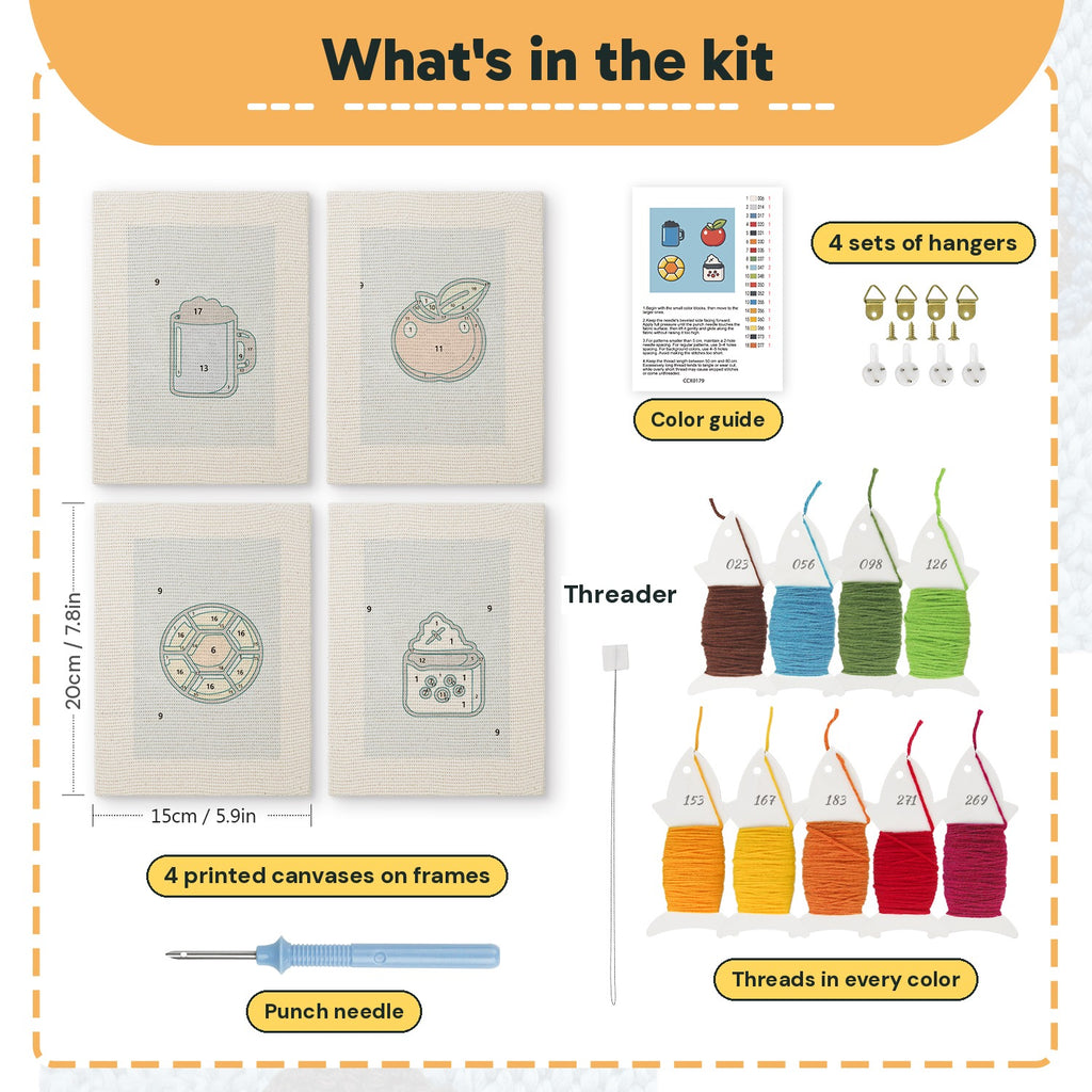 What is in the Blue Mug Morning set: 4 printed canvases, punch needle, threader, threads, color guide and 4 sets of hangers (6 × 8 in (15 × 20 cm) each)