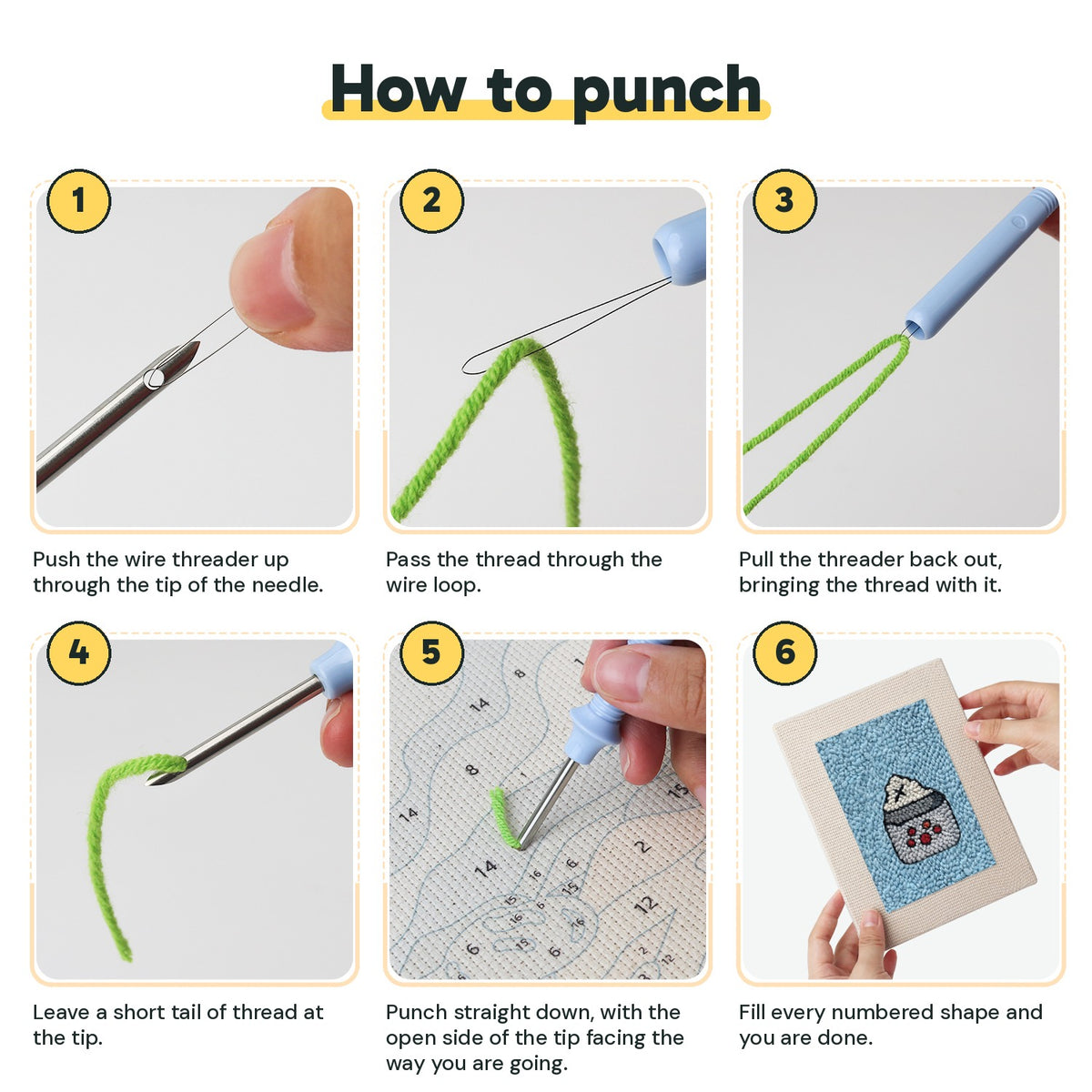 Six steps showing how to thread and use the punch needle