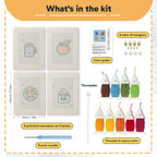 What is in the Blue Mug Morning set, 8 × 12 in (20 × 30 cm) each: 4 printed canvases, punch needle, threader, threads, color guide and 4 sets of hangers