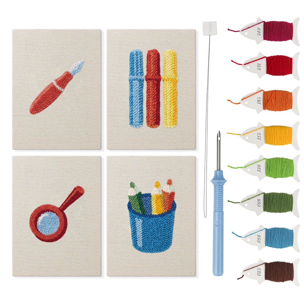 Blue Pencil Pot mini punch needle kit set: four finished canvases with threads, punch needle and threader