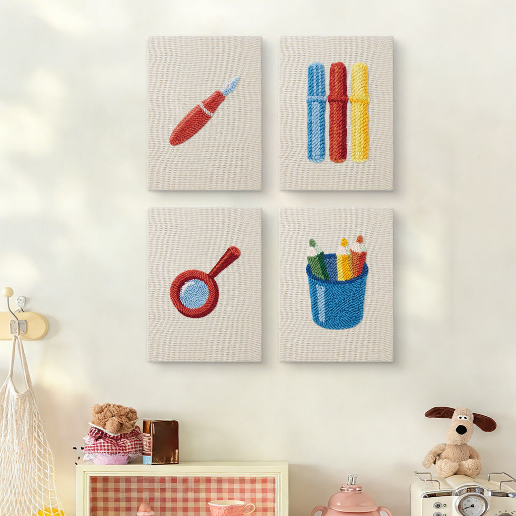 The four Blue Pencil Pot mini canvases on a wall above a shelf