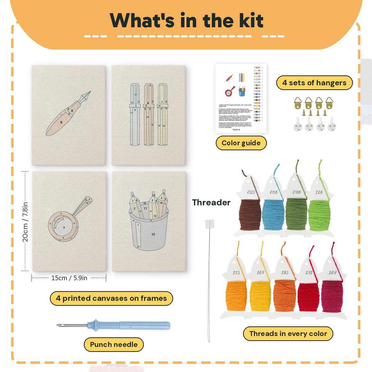 What is in the Blue Pencil Pot set: 4 printed canvases, punch needle, threader, threads, color guide and 4 sets of hangers (6 × 8 in (15 × 20 cm) each)