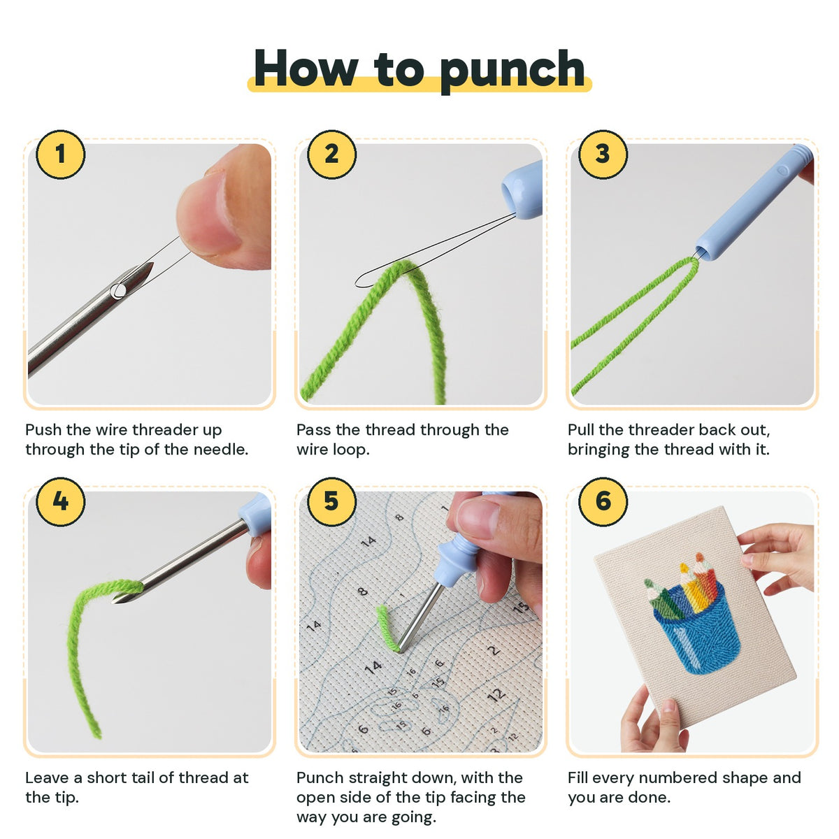 Six steps showing how to thread and use the punch needle