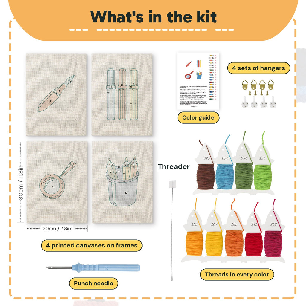 What is in the Blue Pencil Pot set, 8 × 12 in (20 × 30 cm) each: 4 printed canvases, punch needle, threader, threads, color guide and 4 sets of hangers