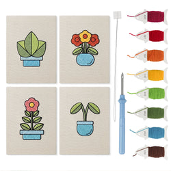 Blue Planter Blooms mini punch needle kit set: four finished canvases with threads, punch needle and threader