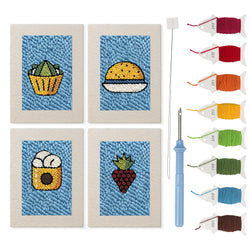 Blue Plate Snacks mini punch needle kit set: four finished canvases with threads, punch needle and threader