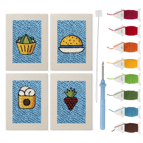 Blue Plate Snacks mini punch needle kit set: four finished canvases with threads, punch needle and threader