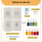 What is in the Blue Plate Snacks set: 4 printed canvases, punch needle, threader, threads, color guide and 4 sets of hangers (6 × 8 in (15 × 20 cm) each)