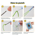 Six steps showing how to thread and use the punch needle