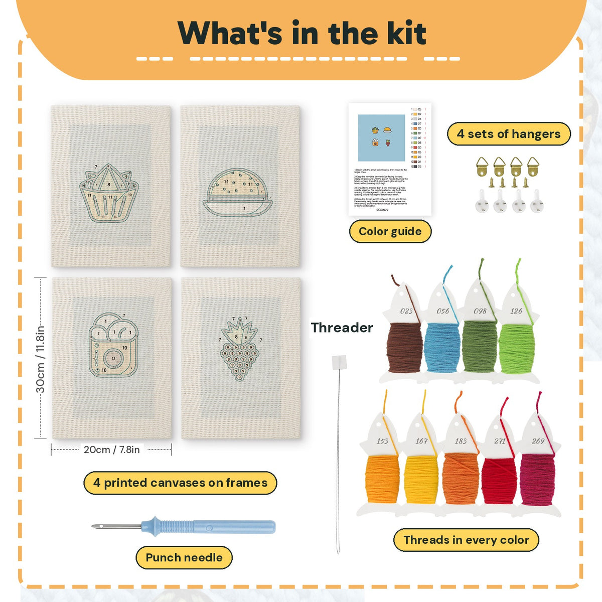 What is in the Blue Plate Snacks set, 8 × 12 in (20 × 30 cm) each: 4 printed canvases, punch needle, threader, threads, color guide and 4 sets of hangers