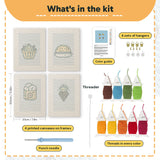 What is in the Blue Plate Snacks set, 8 × 12 in (20 × 30 cm) each: 4 printed canvases, punch needle, threader, threads, color guide and 4 sets of hangers