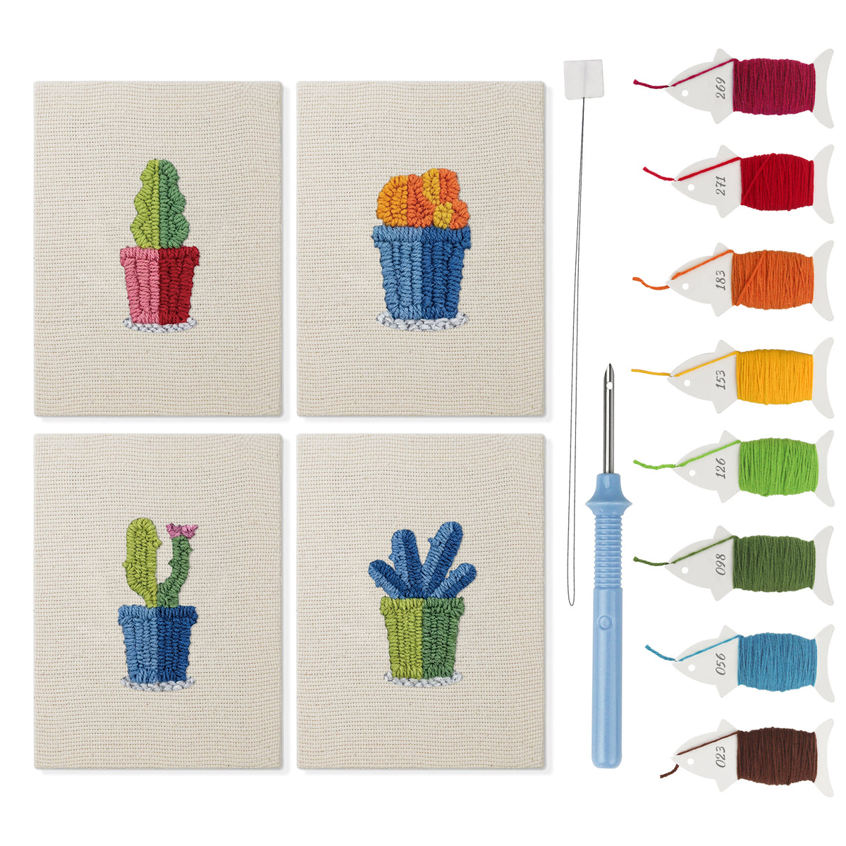 Blue Pot Cacti mini punch needle kit set: four finished canvases with threads, punch needle and threader