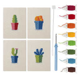 Blue Pot Cacti mini punch needle kit set: four finished canvases with threads, punch needle and threader