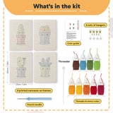 What is in the Blue Pot Cacti set: 4 printed canvases, punch needle, threader, threads, color guide and 4 sets of hangers (6 × 8 in (15 × 20 cm) each)