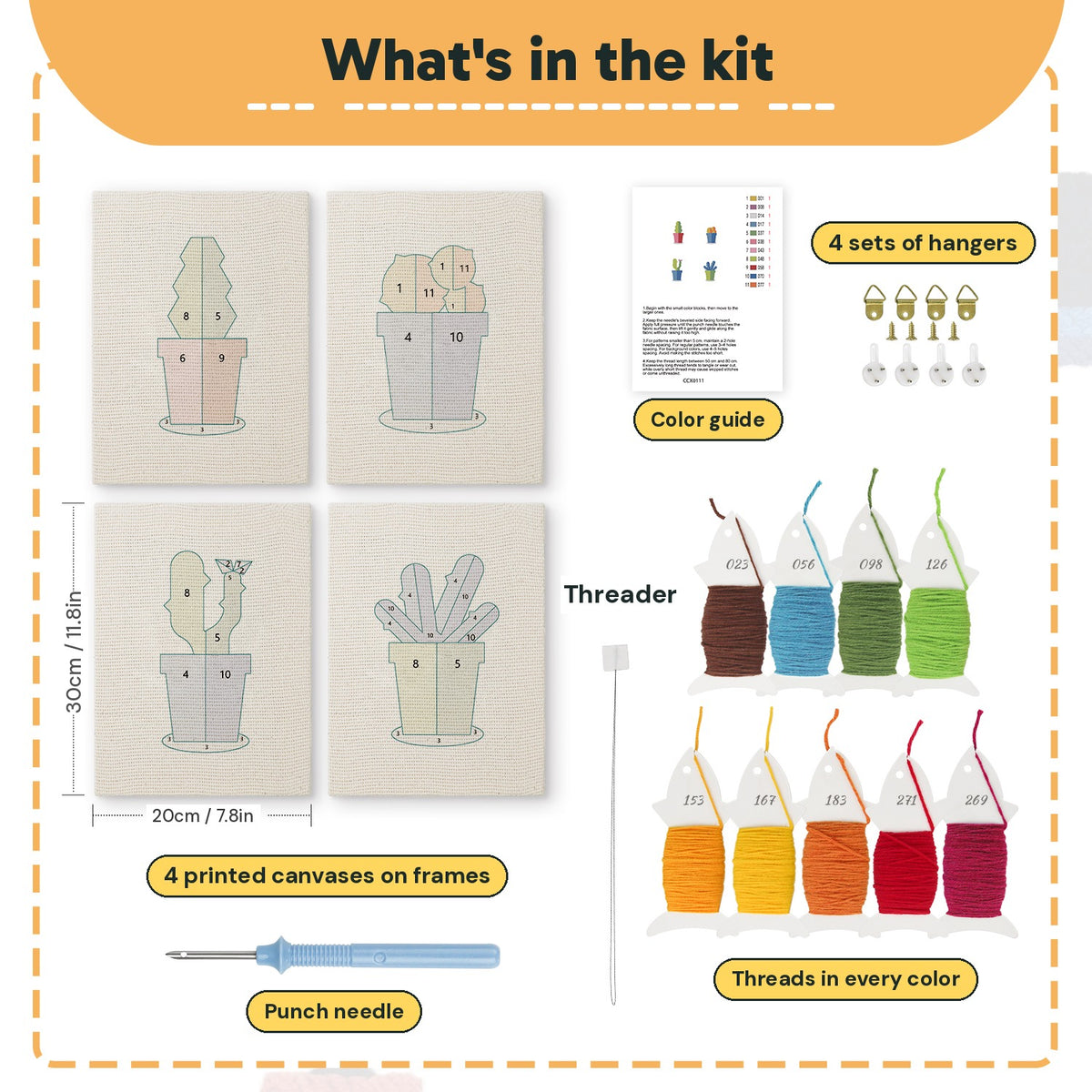 What is in the Blue Pot Cacti set, 8 × 12 in (20 × 30 cm) each: 4 printed canvases, punch needle, threader, threads, color guide and 4 sets of hangers