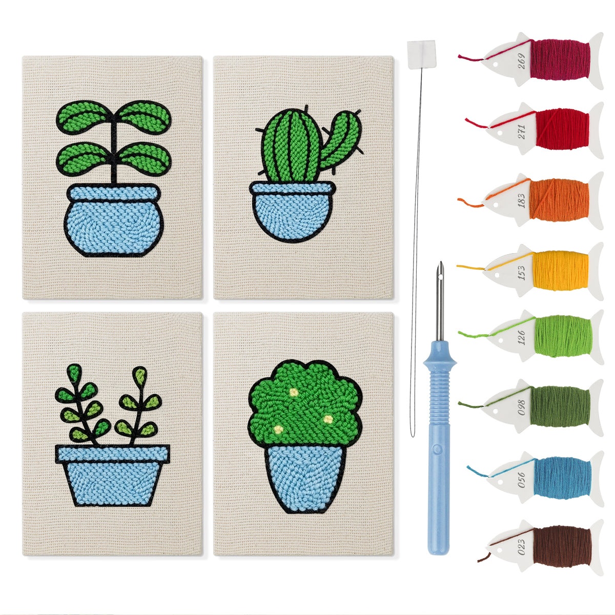 Blue Pot Greens mini punch needle kit set: four finished canvases with threads, punch needle and threader
