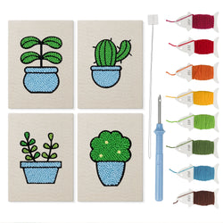 Blue Pot Greens mini punch needle kit set: four finished canvases with threads, punch needle and threader