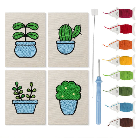Blue Pot Greens mini punch needle kit set: four finished canvases with threads, punch needle and threader
