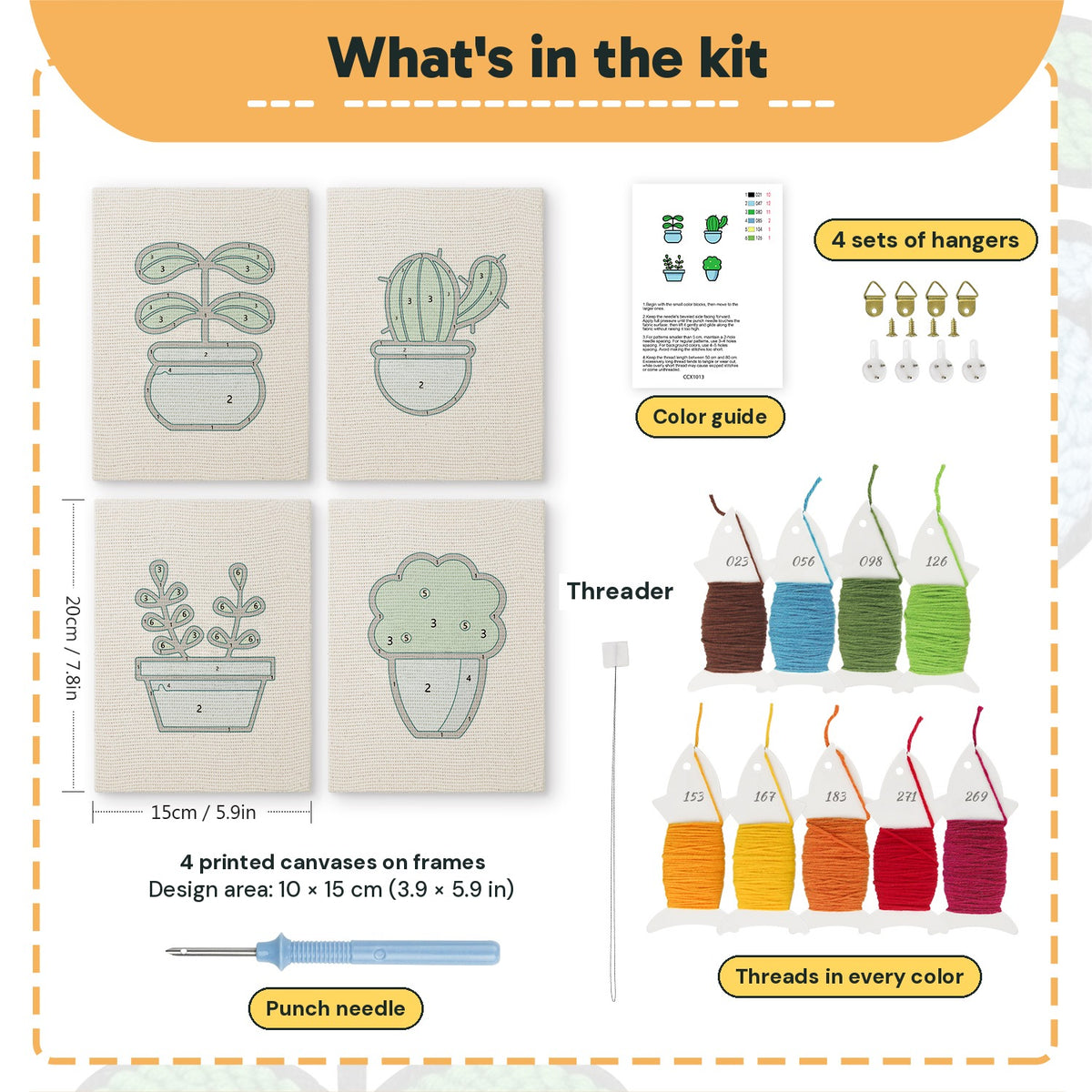 What is in the Blue Pot Greens set: 4 printed canvases, punch needle, threader, threads, color guide and 4 sets of hangers (6 × 8 in (15 × 20 cm) each)