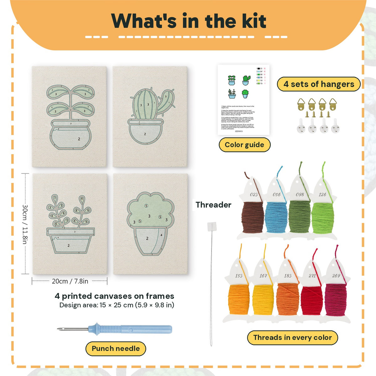 What is in the Blue Pot Greens set, 8 × 12 in (20 × 30 cm) each: 4 printed canvases, punch needle, threader, threads, color guide and 4 sets of hangers